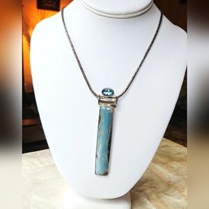 Stunning Charles Albert Aztec Lapis & Blue Topaz .950 Sterling Pendant & Chain